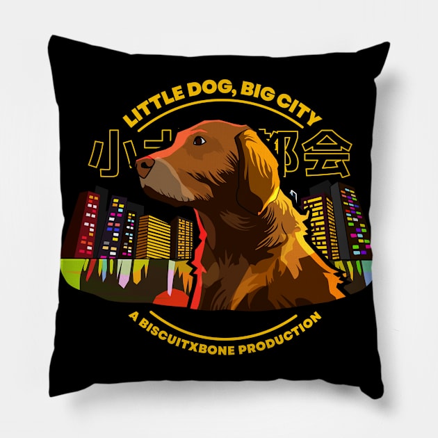 Little Dog, Big City (dark version) Pillow by biscuitxbone