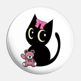 Cute black cat holds a teddy bear Pin