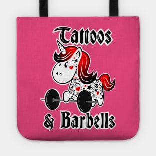 Tattoos and barbells, barbell unicorn, gym girl Tote