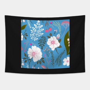 Garden florals and herbs on blue Tapestry