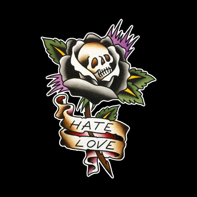 Hate Love Skull Rose Tattoo Design by forevertruetattoo