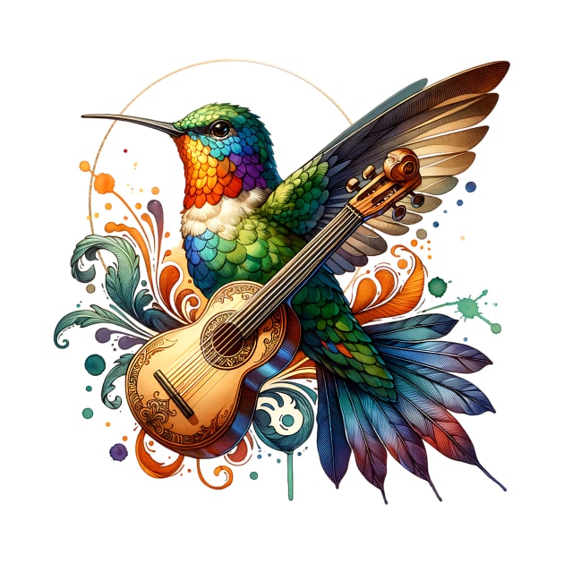 Ornate Hummingbird with string instrument by Miriam Designs