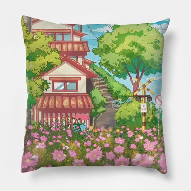 The cute Japanese landscape view with the traditional house, blue sky, and pink flowers. A great aesthetic  gift for those who love nature, Japan, anime and manga style Pillow by AnGo