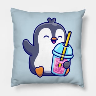 Cute Penguin Drinking Milk Tea Boba Pillow