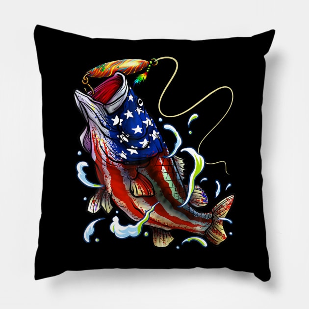 Bass Fishing Fish American Flag Dad Father Fourth Of July Pillow by Danielss