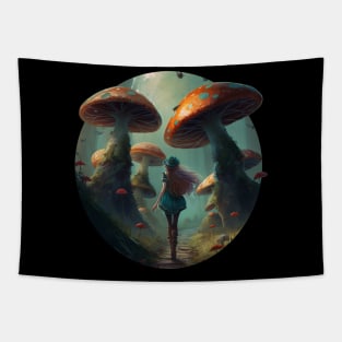 Girl in a mystical mushroom forest Tapestry