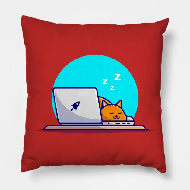 Cute Cat Sleeping On Laptop With Coffee Cup Cartoon Vector Icon Illustration Pillow by Catalyst Labs