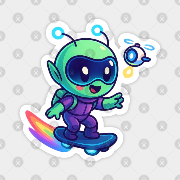 Riding Tomorrow – Cute Alien on Rainbow Space Board | Wholesome Tomorrow Sprouts Tee Magnet by Anne Lee