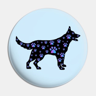 Blue Purple Paw Print Black Dog Silhouette Pin