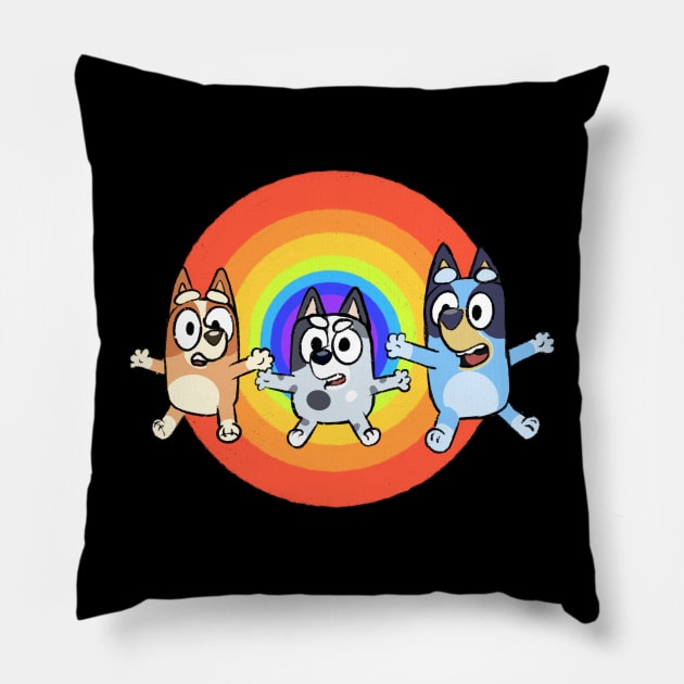 Rainbow Bluey Heeler Family Pillow by Titanium Quill