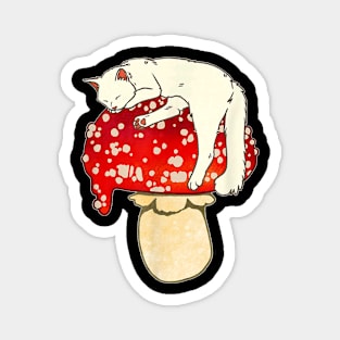 Cute White Cat Sleeping On Red Spotted Mushroom Magnet