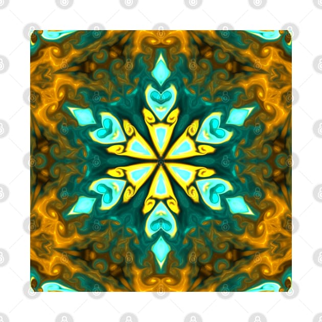 Psychedelic Mandala Flower Teal and Yellow by WormholeOrbital