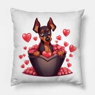 Cartoon Doberman Pinscher Dog in Hearts Basket Pillow