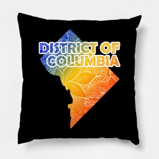 Colorful mandala art map of District of Columbia with text in blue, yellow, and red Pillow