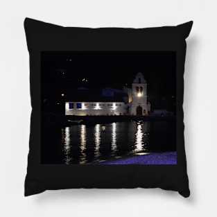 Vlacherna Church at Night. Island of Corfu, Greece Pillow