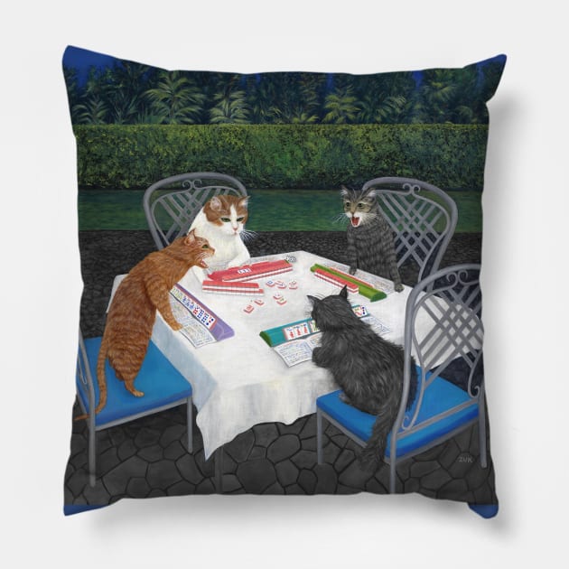 Cats Playing Mahjong Pillow by KarenZukArt