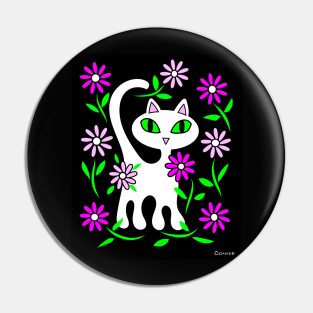 White Cat in Flower Garden Pin