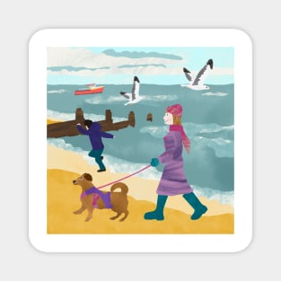 Paper cut collage of lady walking dog on Whitstable beach in the winter Magnet