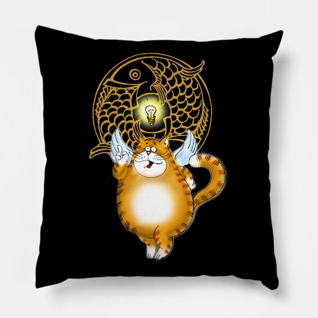 Aha! Pisces, Fishes! Angel Cat Pillow by ROSHARTWORK