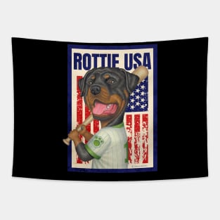 Rottie red white blue pastime Rottweiler Holding Baseball Bat USA Tapestry