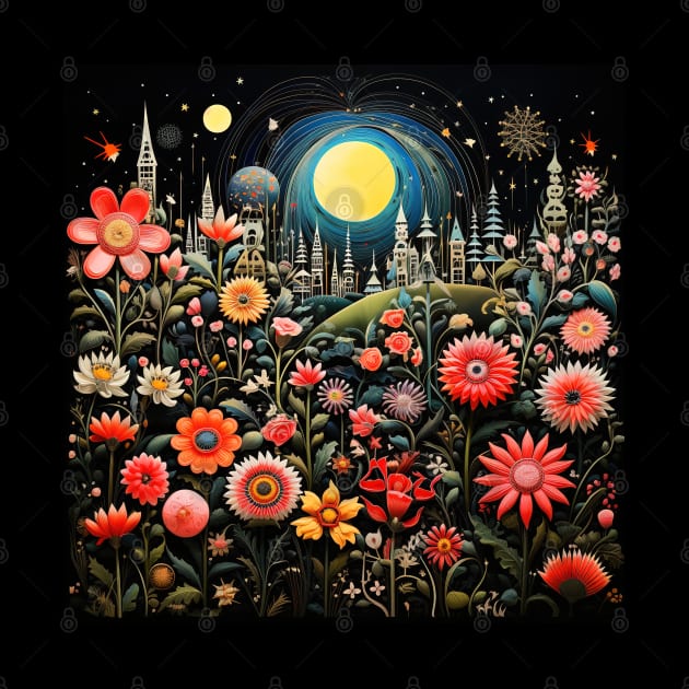 Surrealistic Folk Art Dark Floral Motif Blooming Flowers Garden by The Little Store Of Magic