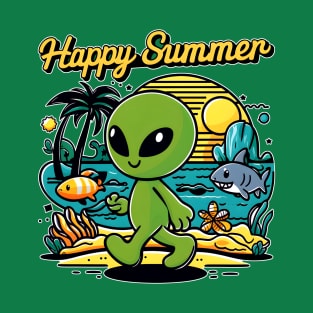 Happy summer aliens in the beach in vintage retro style T-Shirt