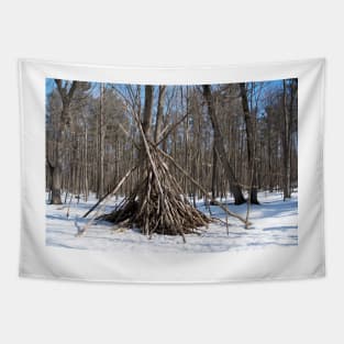 Wooden teepee in the woods Tapestry