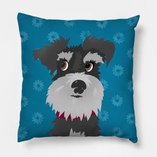 Salt and Pepper Miniature Schnauzer Dog with Blue Daisies Pillow