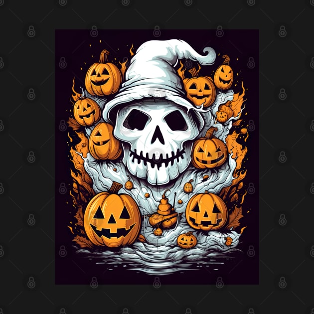 dead witch skull with halloween pumpkins by Maverick Media