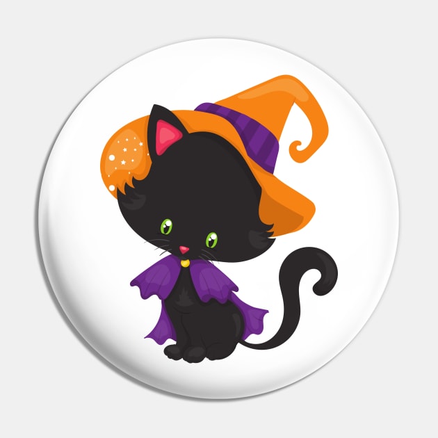 Halloween Cat, Cute Cat, Black Cat, Witch Hat Pin by Jelena Dunčević