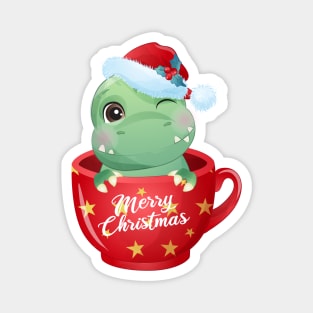 Cute Christmas T Rex Dinosaur In A Cup Magnet