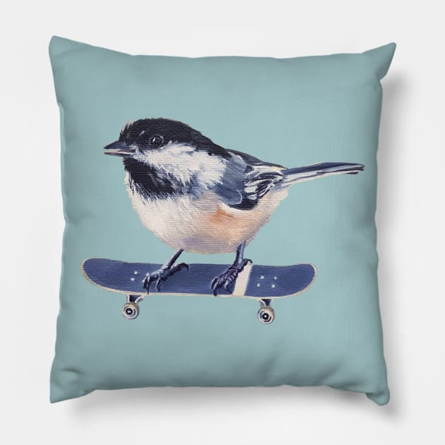 Why Fly When You Can Skate? - chickadee skateboard painting Pillow by EmilyBickell
