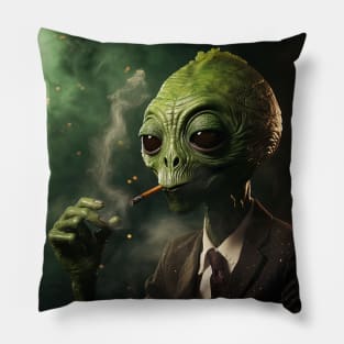 Green Alien Smoking a Cigar Pillow