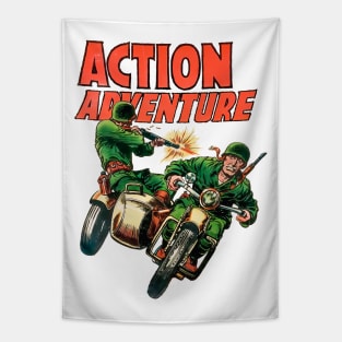 Retro Sidecar Motorcycle Soldiers Military Army Action 1955 Adventure Vintage Comic Book Cover Tapestry