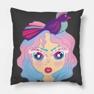 girl with bird on hair Pillow