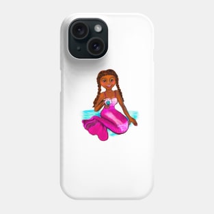 Anime mermaid holding a rare black pearl, brown eyes, Afro hair in two cane rows  and caramel brown skin - light background Phone Case