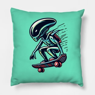 Skate into the Unknown: Whimsical Alien Skateboard Art Prints for an Otherworldly Ride! Pillow