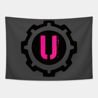 Pink Letter U in a Black Industrial Cog Tapestry