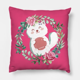 Cute Cat With Flowers and pink background Pillow