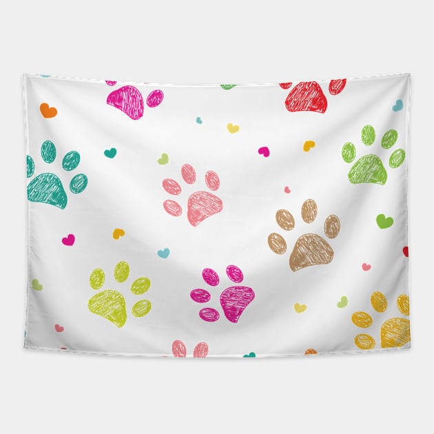 Colorful hand drawn doodle paw prints with hearts Tapestry by GULSENGUNEL