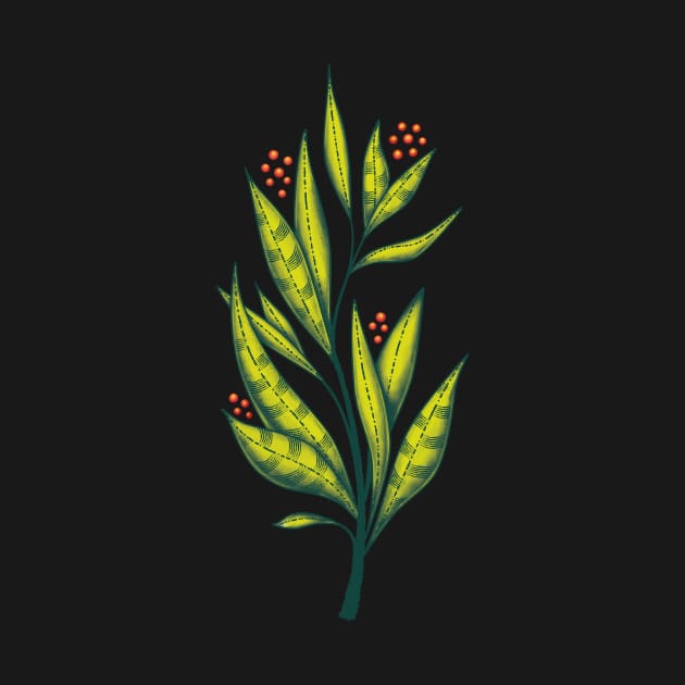 Abstract green plant with decorative leaves and berries by Boriana Giormova