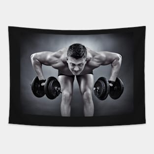 Athletic man working with heavy dumbbells Tapestry