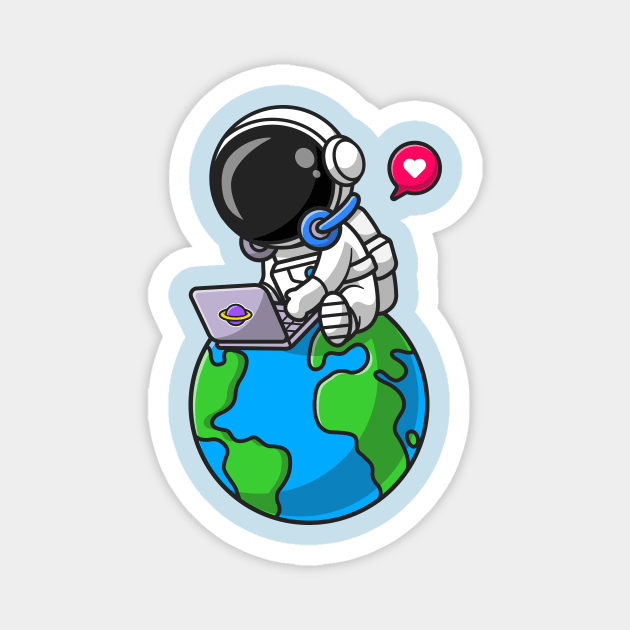 Cute Astronaut Working With Laptop On Earth Cartoon Magnet by Catalyst Labs