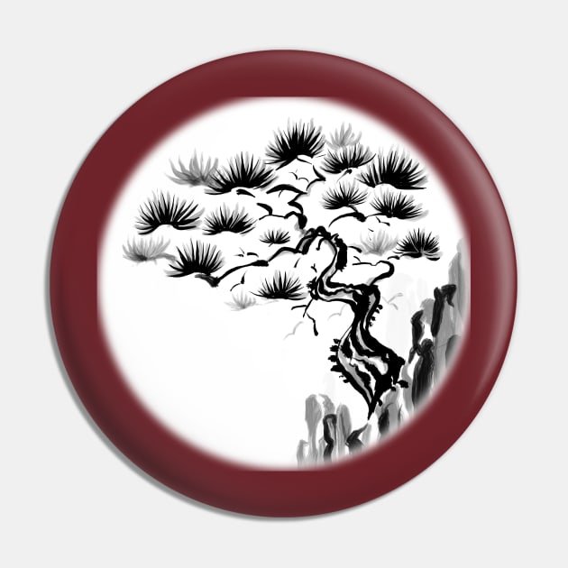 Sumi-E Pine Tree on Cliff (White BG) Pin by bengman