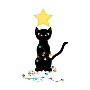 Black Santa Cat Tangled Up In Lights Christmas Santa Illustration T-Shirt