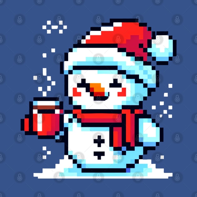 Pixel Art Snowman Enjoying Coffee - Winter Holiday Design by Pixel Punkster