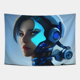 Blue Mechas Cyber Girl Tapestry