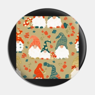 Autumn Gnomes with Long White Beards and Knitted Hats on Green Background Pin