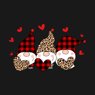 Three Gnomes Holding Hearts Happy Valentines Day 2021 leopard Red plaid T-Shirt