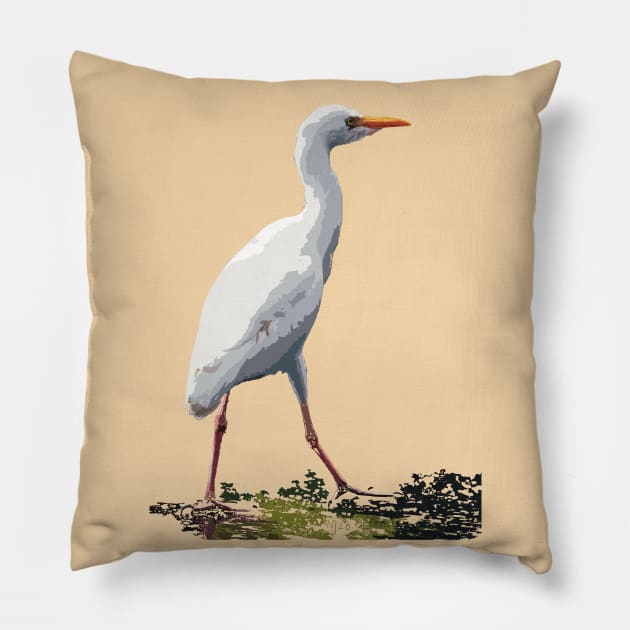 Cattle Egret on a walk Pillow by NadJac